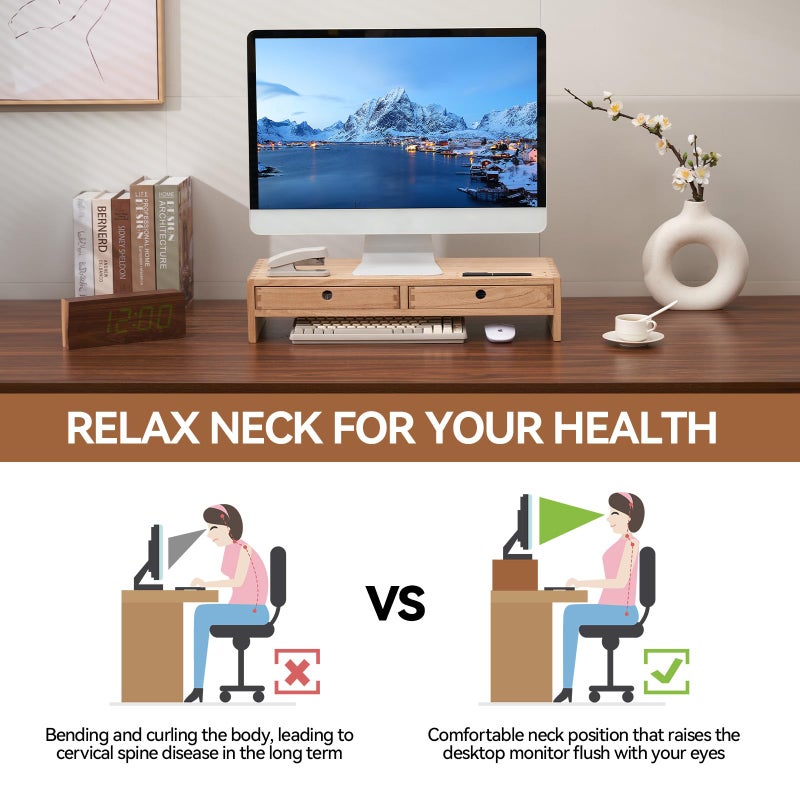 KIRIGEN Wood Monitor Stand with 2 Drawers - Computer Arm Riser Desk Storage Organizer,Speaker TV Laptop Printer Stand with Pen Slot and Cable Management,2-Tier Desktop Shelf NA-2PMJ - Image 4